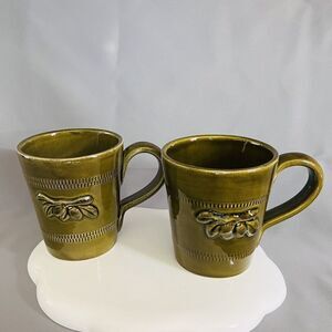 2 Vintage Ceramiche Alfa Olive Green Ceramic Pottery Coffee Mugs Cup Italy